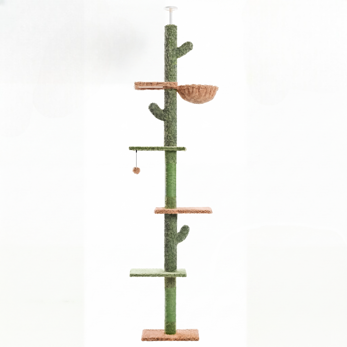 Arbre à chat cactus 5 niveaux sol-plafond vert sur fond blanc, panier perché et balle pompon