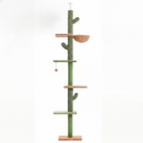 Arbre à chat cactus 5 niveaux sol-plafond vert sur fond blanc, panier perché et balle pompon
