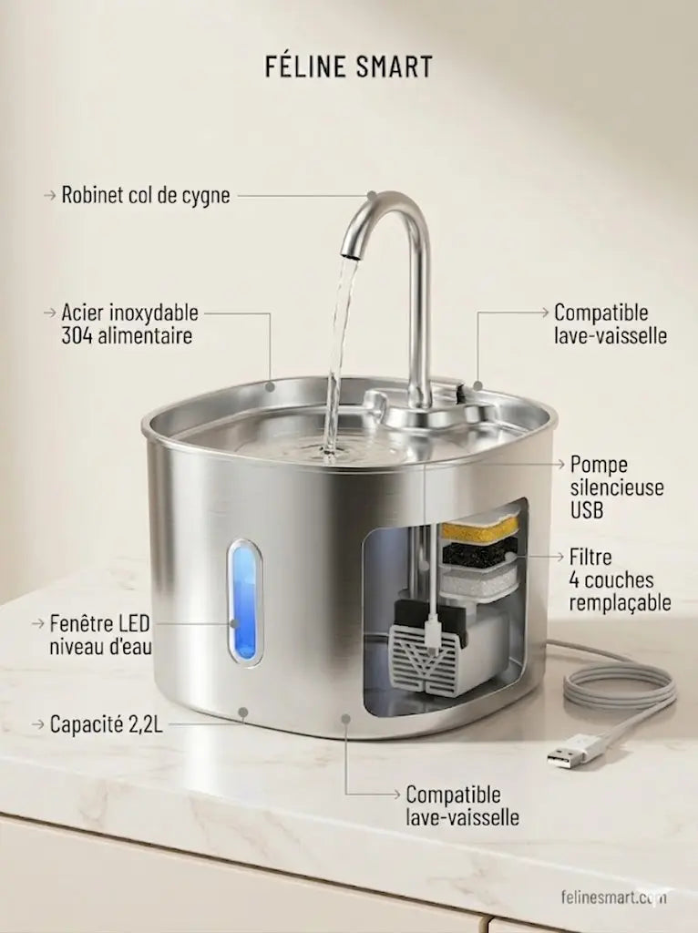 Fontaine Chat Inox 304 — Compatible lave-vaisselle | Féline Smart