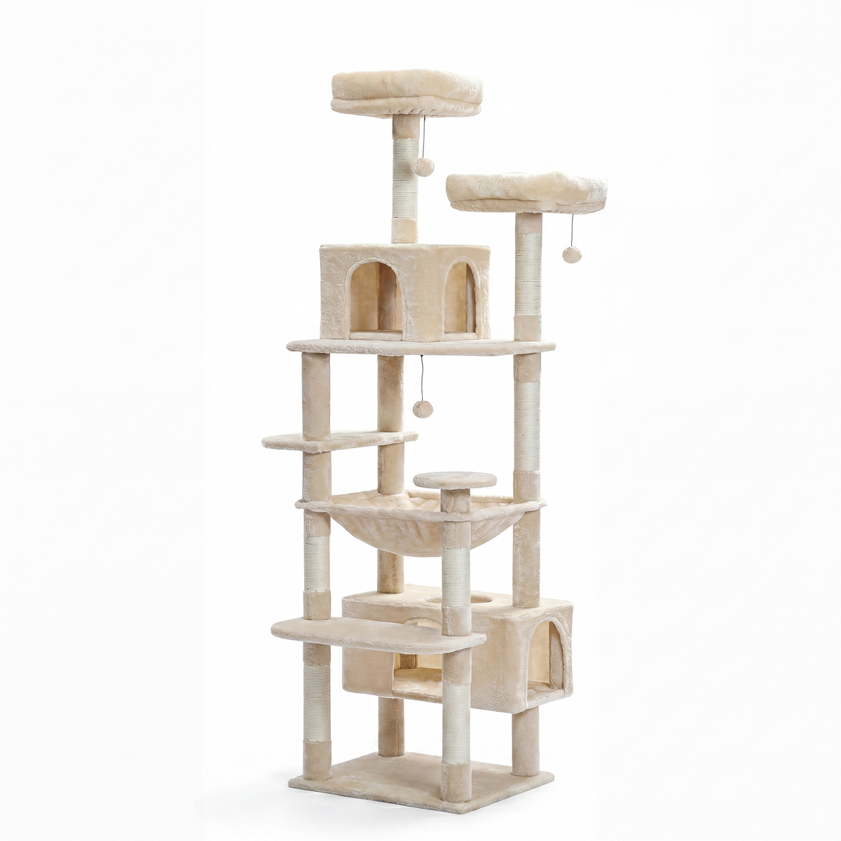 Arbre à chat géant 184 cm beige sur fond blanc, 8 niveaux avec condo, hamac et perchoirs
