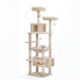 Arbre à chat géant 184 cm beige sur fond blanc, 8 niveaux avec condo, hamac et perchoirs