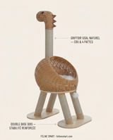 Griffoir sisal naturel sur le cou et les 4 pattes, double base bois renforcée de l'arbre à chat dinosaure