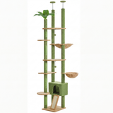 Arbre à chat cactus sol-plafond vert sur fond blanc, hauteur réglable avec hamac, panier et condo