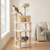 Chat dans le hamac et chat sur le perchoir de l'arbre à chat 140 cm beige, salon lumineux