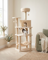 Deux chats jouant sur l'arbre à chat 140 cm : condo arche et plateforme traversante