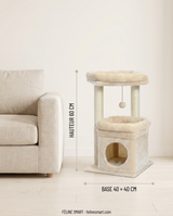 Dimensions arbre à chat petit modèle : hauteur 60 cm, base 40 × 40 cm, comparé à un canapé