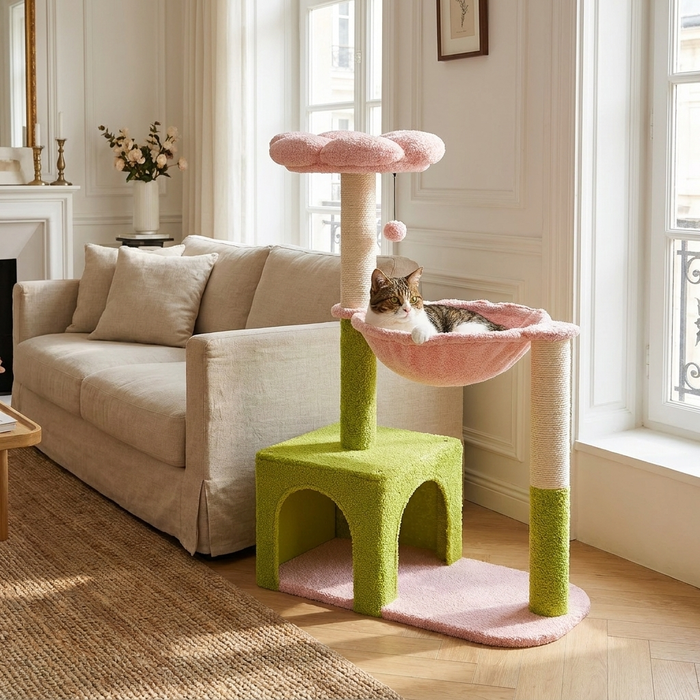 Arbre à chat fleur 93 cm Féline Smart dans un salon lumineux, chat couché dans le hamac rose