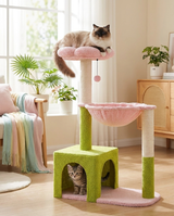 Deux chats sur l'arbre à chat fleur 93 cm : chaton dans le condo vert, adulte sur le perchoir fleur