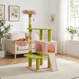 Arbre à chat fleur 120 cm Féline Smart dans un salon lumineux, chat couché dans le hamac rose