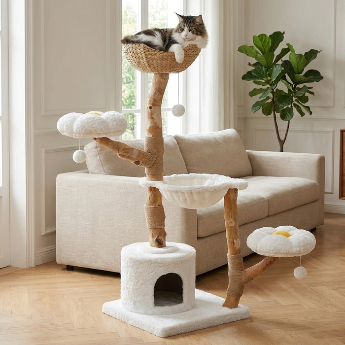 Arbre à chat fleur 150 cm Féline Smart en bois de poirier dans un salon élégant, chat dans le panier tressé