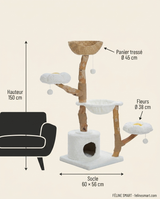 Dimensions de l'arbre à chat fleur 150 cm : socle 60 × 56 cm, panier Ø 45 cm, fleurs Ø 38 cm
