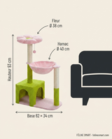 Dimensions de l'arbre à chat fleur : hauteur 93 cm, base 62 × 34 cm, hamac Ø 40 cm, fleur Ø 38 cm