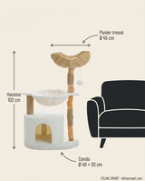 Dimensions : hauteur 102 cm, panier tressé Ø 45 cm, condo Ø 40 × 30 cm