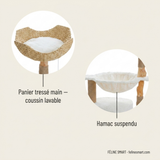 Détails : panier tressé main avec coussin lavable et hamac suspendu