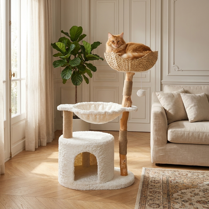Arbre à chat bois naturel et rotin Féline Smart dans un salon élégant, chat dans le panier tressé