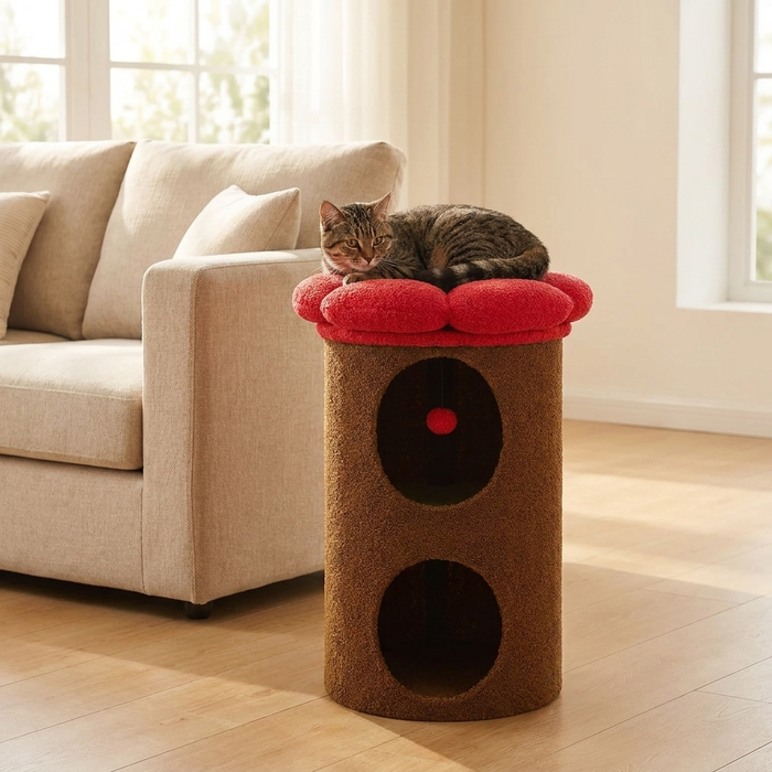 Tour maisonnette chat fleur 75 cm Féline Smart dans un salon, chat sur le perchoir pétale rouge