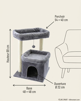 Dimensions de l'arbre compact 68 cm : base 48 × 48 cm, perchoir 54 × 40 cm, ouverture Ø 22 cm