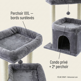 Détails : perchoir XXL à bords surélevés et condo privé avec 2e perchoir
