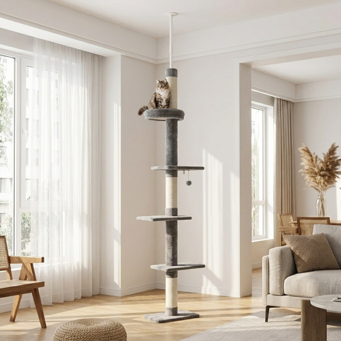 Arbre à chat sol-plafond Féline Smart dans un salon, chat sur le perchoir sommital