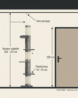 Dimensions : hauteur réglable 228 à 273 cm, plateformes 44 × 24 cm, sans perçage