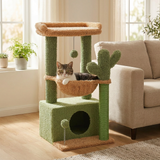 Arbre à chat 4-en-1 cactus Féline Smart dans un salon, chat dans le hamac caramel