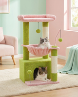 Deux chats sur l'arbre 4-en-1 vert et rose : chaton dans le condo, adulte dans le hamac