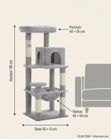 Dimensions du grand arbre : hauteur 116 cm, base 45 × 41 cm, hamac 45 × 40 cm, perchoir 40 × 24 cm