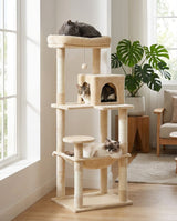 Trois chats sur l'arbre 143 cm beige : perchoir haut, condo et grand hamac