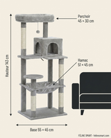 Dimensions de l'arbre 143 cm : base 55 × 45 cm, hamac 51 × 45 cm, perchoir 45 × 30 cm