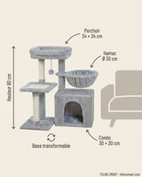 Dimensions de l'arbre transformable : hauteur 80 cm, perchoir 34 × 34 cm, hamac Ø 30 cm, base transformable