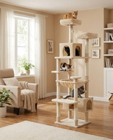Arbre à chat XXL 180 cm beige avec plusieurs chats sur les perchoirs, condos et hamac
