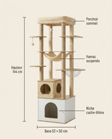 Dimensions de l'arbre à chat multi-niveaux XL : hauteur 144 cm, base 53 x 50 cm — Féline Smart