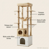Caractéristiques de l'arbre à chat XL : caisson de rangement fermé, poteaux sisal, hamac, pompons — Féline Smart
