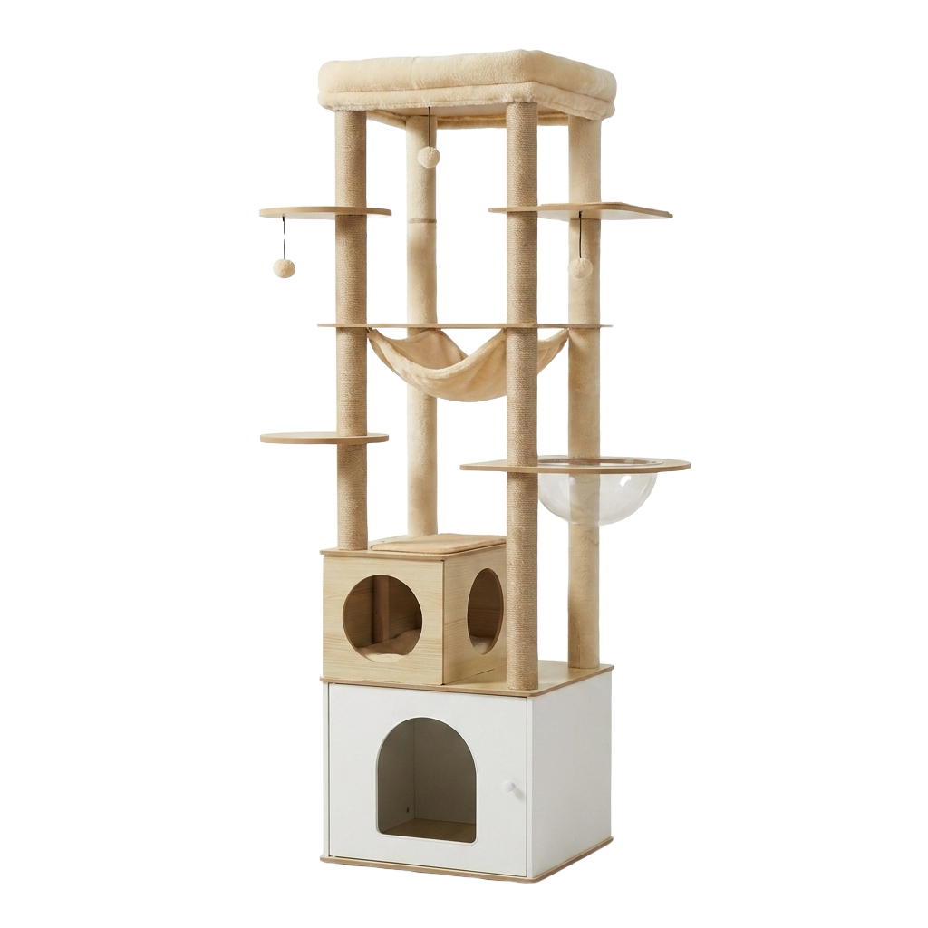 Arbre à chat multi-niveaux XL beige avec caisson de rangement fermé, hamac et perchoir — Féline Smart