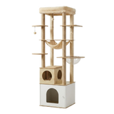 Arbre à chat multi-niveaux XL beige avec caisson de rangement fermé, hamac et perchoir — Féline Smart