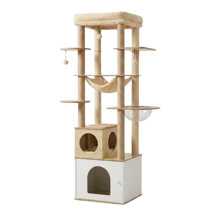 Arbre à chat multi-niveaux XL beige avec caisson de rangement fermé, hamac et perchoir — Féline Smart