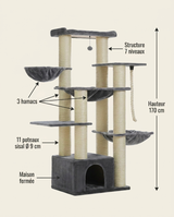 Dimensions de l'arbre à chat robuste : hauteur 170 cm, 7 niveaux, 11 poteaux sisal — Féline Smart