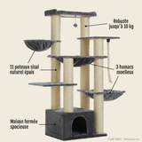 Caractéristiques de l'arbre à chat robuste 170 cm : maison fermée, 11 poteaux sisal, 3 hamacs — Féline Smart