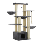 Arbre à chat robuste 170 cm gris 7 niveaux avec maison, hamacs et griffoirs sisal — Féline Smart