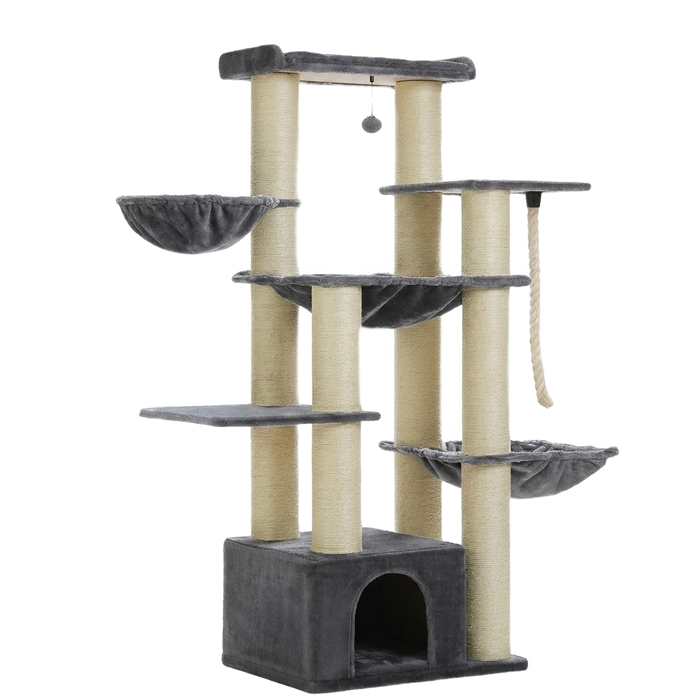 Arbre à chat robuste 170 cm gris 7 niveaux avec maison, hamacs et griffoirs sisal — Féline Smart