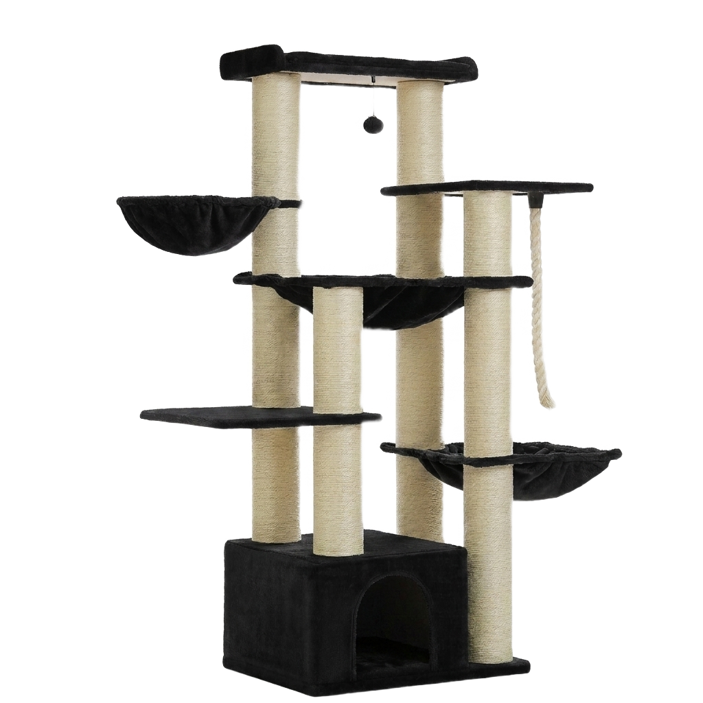 Arbre à chat robuste 170 cm noir 7 niveaux avec maison et hamacs — Féline Smart