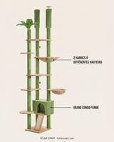 Arbre à chat XL sol-plafond vert : 2 hamacs à différentes hauteurs et grand condo fermé