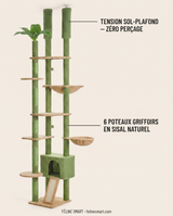 Arbre à chat XL sol-plafond vert : tension sol-plafond sans perçage et 6 poteaux griffoirs en sisal