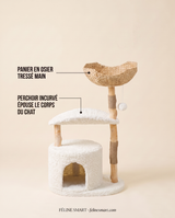 Perchoir incurvé qui épouse le corps du chat et panier en osier tressé main