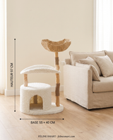 Dimensions de l'arbre perchoir incurvé : hauteur 97 cm, base 55 × 40 cm, comparé à un canapé